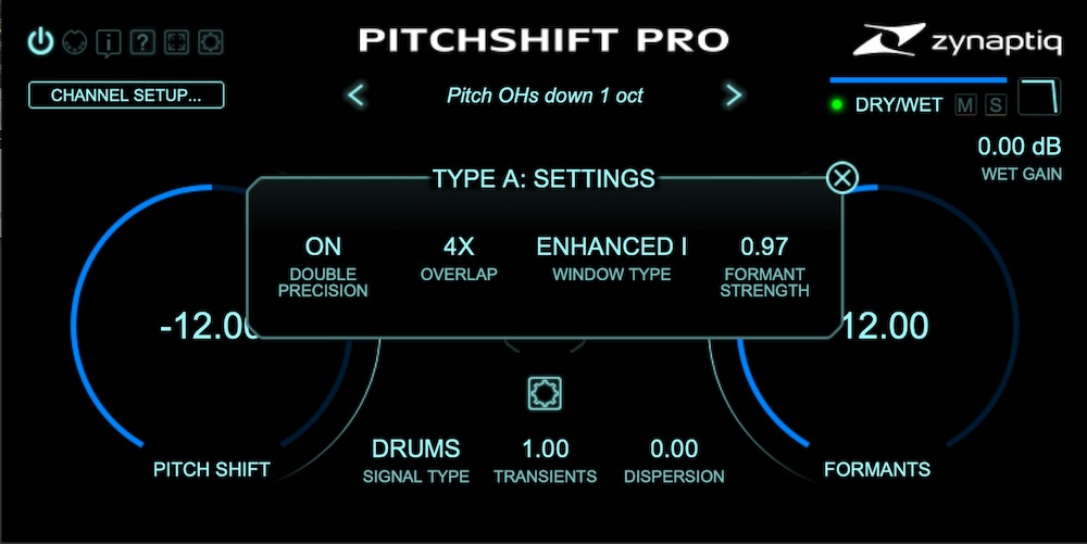 Clicking on algorithm A’s Settings button (the knurled knob above the Transients control) opens a panel containing four additional controls.