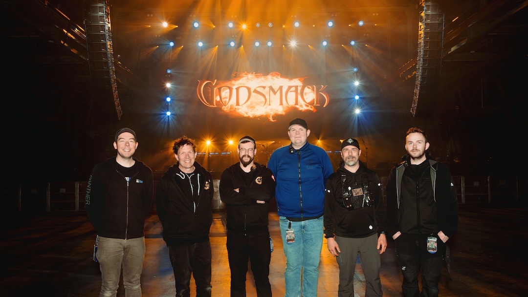 (L-R) Monitor Engineer Pat Rowe, Monitor Tech Josh Driscoll, FOH Tech Aaron Lauzier, Systems/PA Tech Mads Nørgaard, FOH Engineer / Production Manager Scott Tkachuk, and PA Tech Rasmus “Razormoose” Kristiasen in Budapest, Hungary.