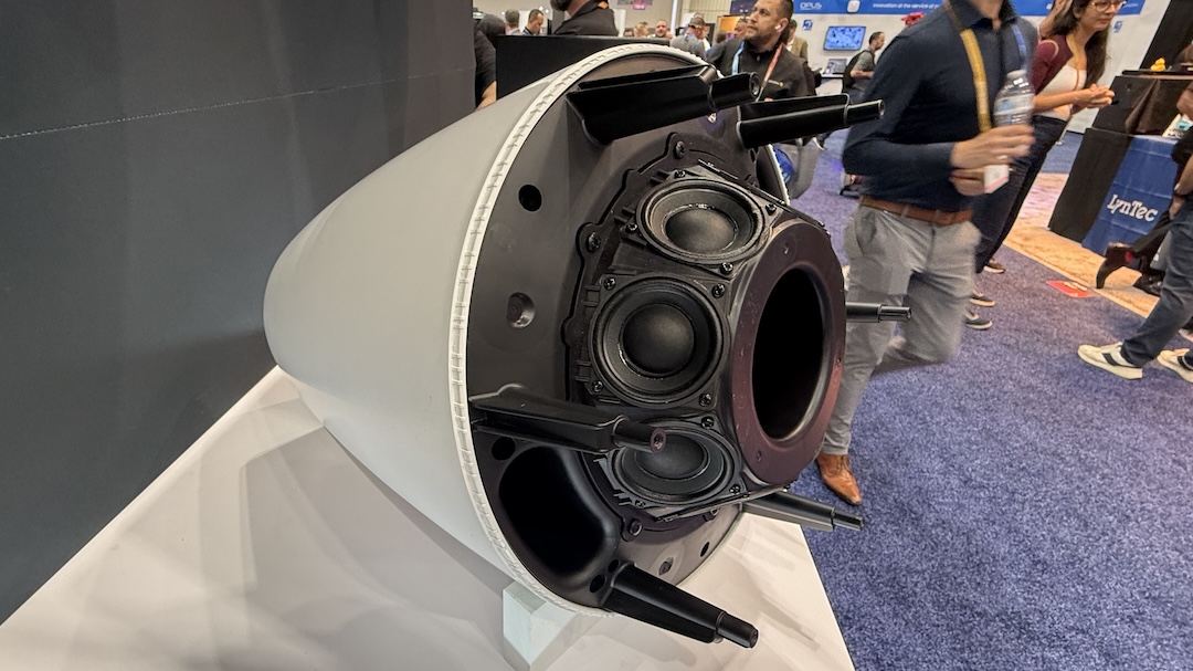 Sure, it looks like a spaceship from the latest SciFi flick, but it’s actually the high-tech interior of a Bose Professional pendant loudspeaker.