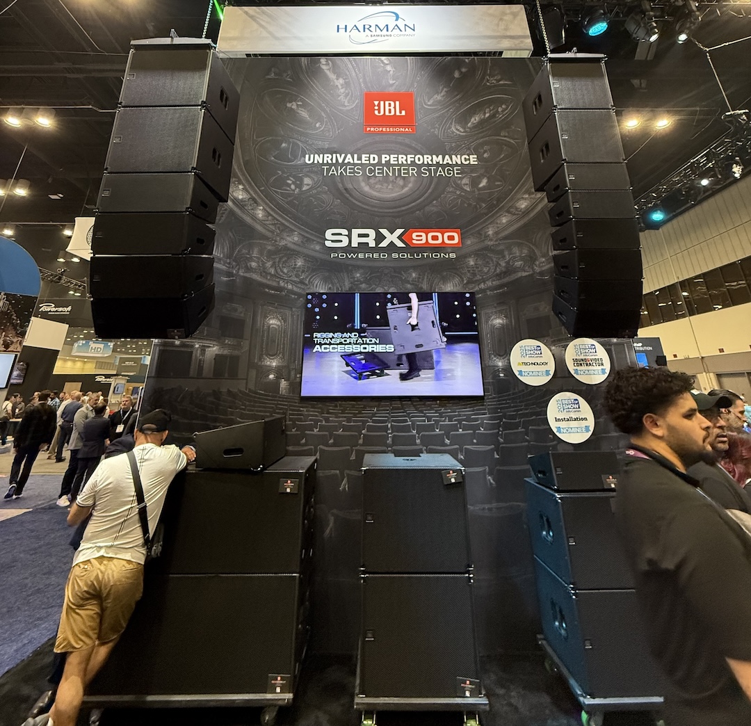 No one missed JBL Professional’s massive display for its SRX900 loudspeakers.