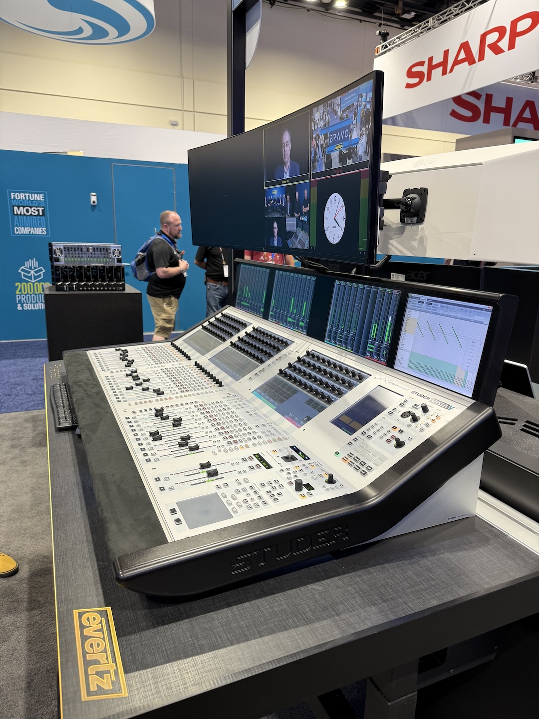 While Studer won a Mix Best of Show Awards for its new Vista in Vue customizable touchscreen/software mixing solution, the more traditional Vista V was also on display at the Evertz booth.