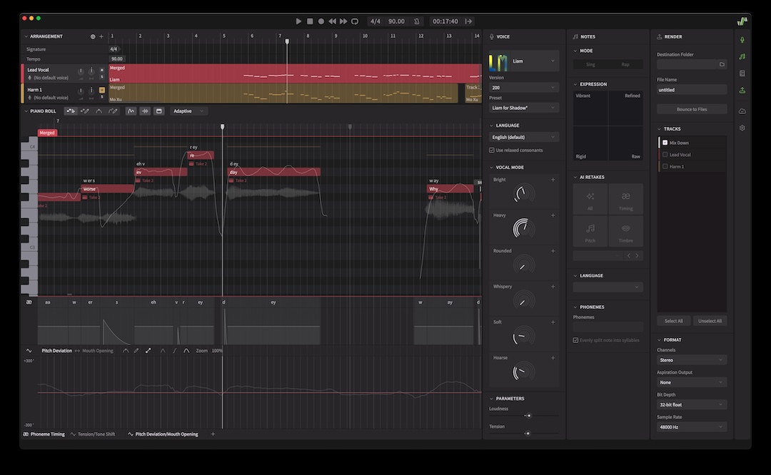 The Piano Roll Panel, in the center of the screen, is where most of the editing occurs.