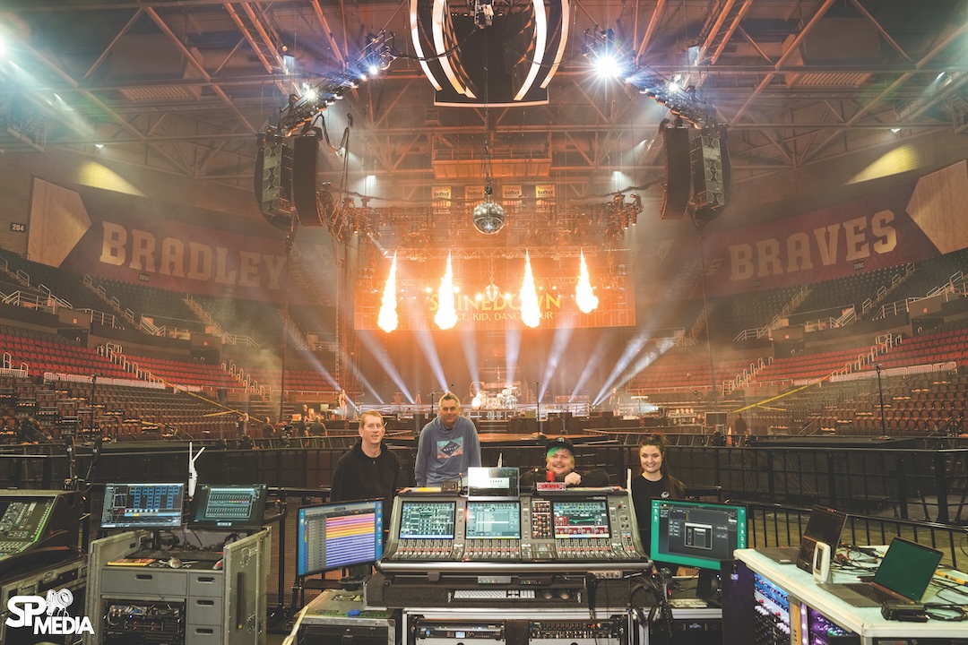 Keeping tabs on everything audio are (l-r): Chris Lightcap, monitor engineer; Andy Meyer, FOH engineer; Justin Lenards, system engineer; and Katelyn Opperman, monitor tech/RF. Photo: SP Media.