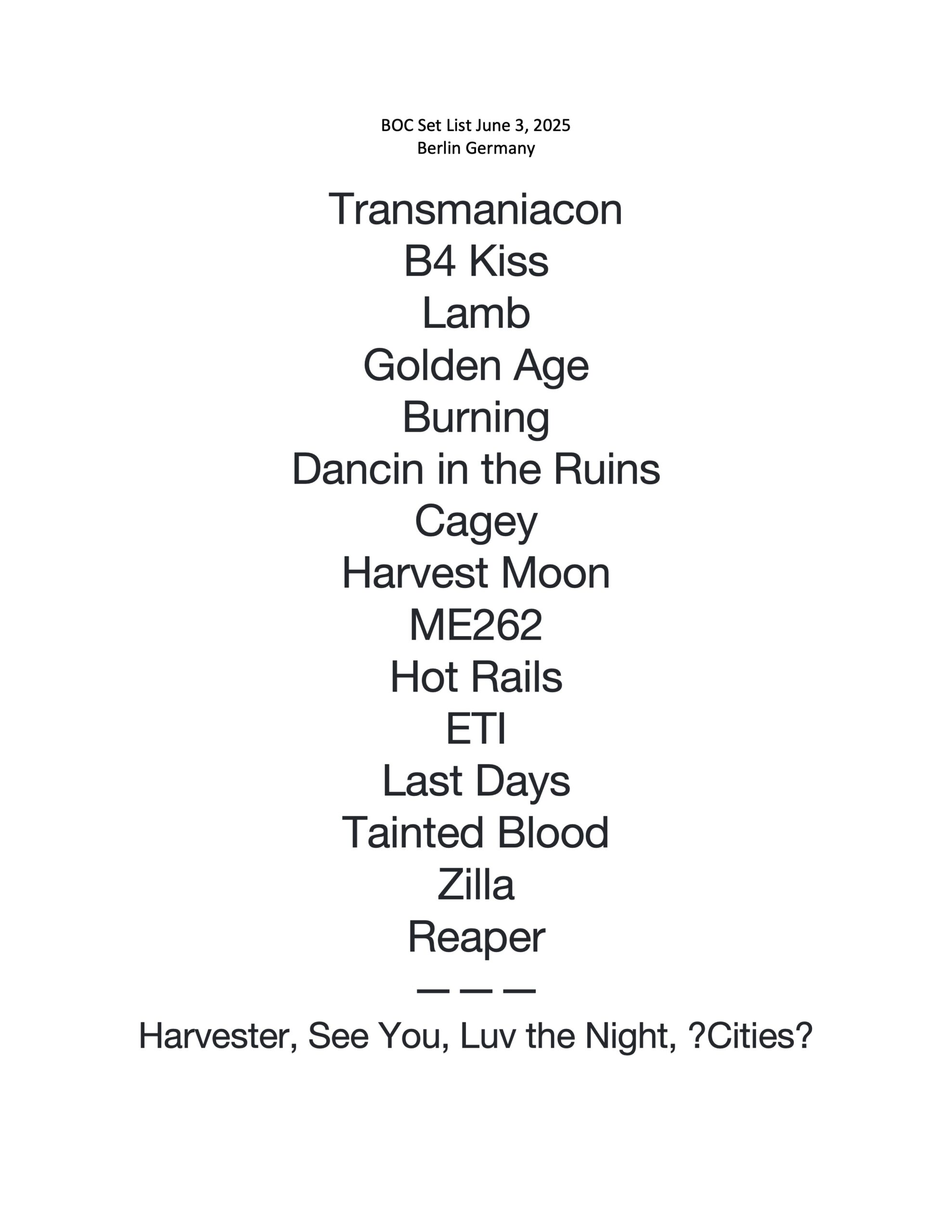 BÖC's Berlin set list.