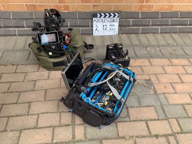 Production Sound Mixer Kiff McManus’ compact mobile sound rig for the school set in Episode 2 of Adolescence. Photo: Courtesy of Netflix.