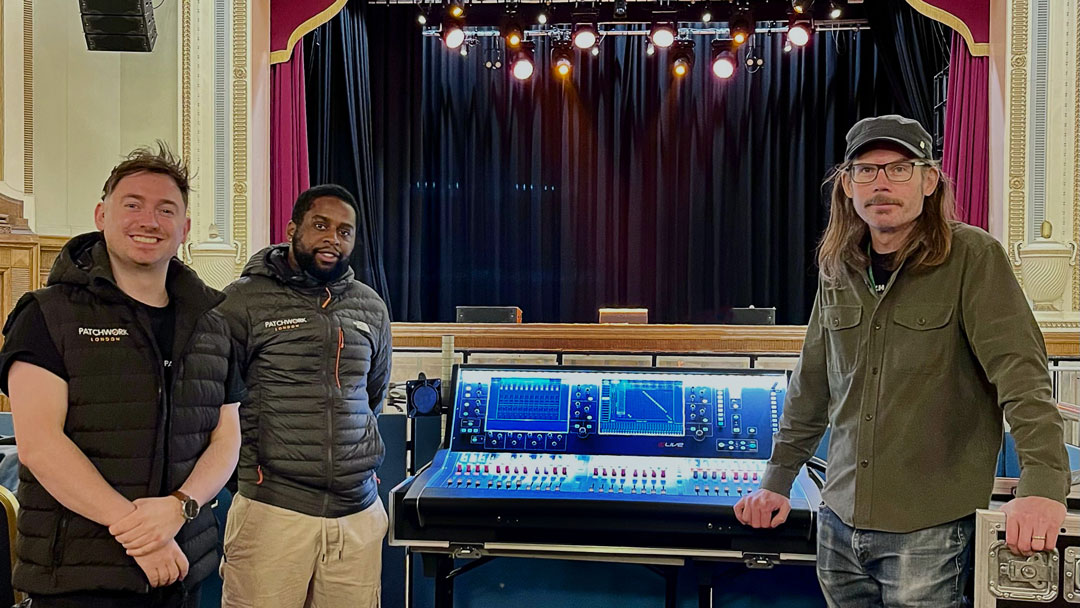 (l-r): Chris Parker (Patchwork London Senior Project Manager), Louis Jemmott (Patchwork London Sales Director) and Tom Watt (IAH Technical Manager) with Islington Assembly Hall’s new Allen & Heath dLive S5000 at FOH.