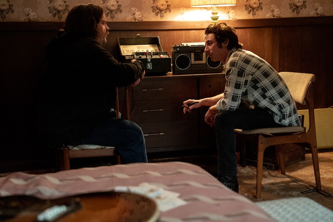 Actors Paul Walter Hauser (as Mike Batlan) and Jeremy Allen White in the Colts Neck bedroom set, with authentic working Maestro Echoplex EP-3 and Panasonic RX-5100 boom box, both supplied by music gear consultant Joshua Lutz. Photo: Macall Polay/20th Century Studio.