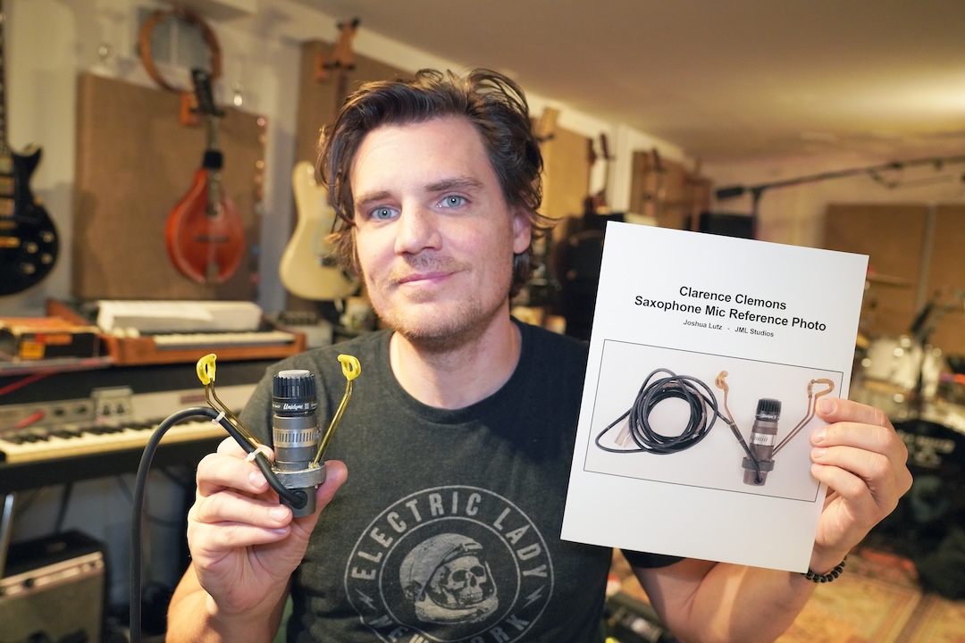 Music gear consultant Joshua Lutz with his recreated Clarence Clemons mic clamp rig, precisely mimicking the saxophonist’s original. Photo: Joshua Lutz.