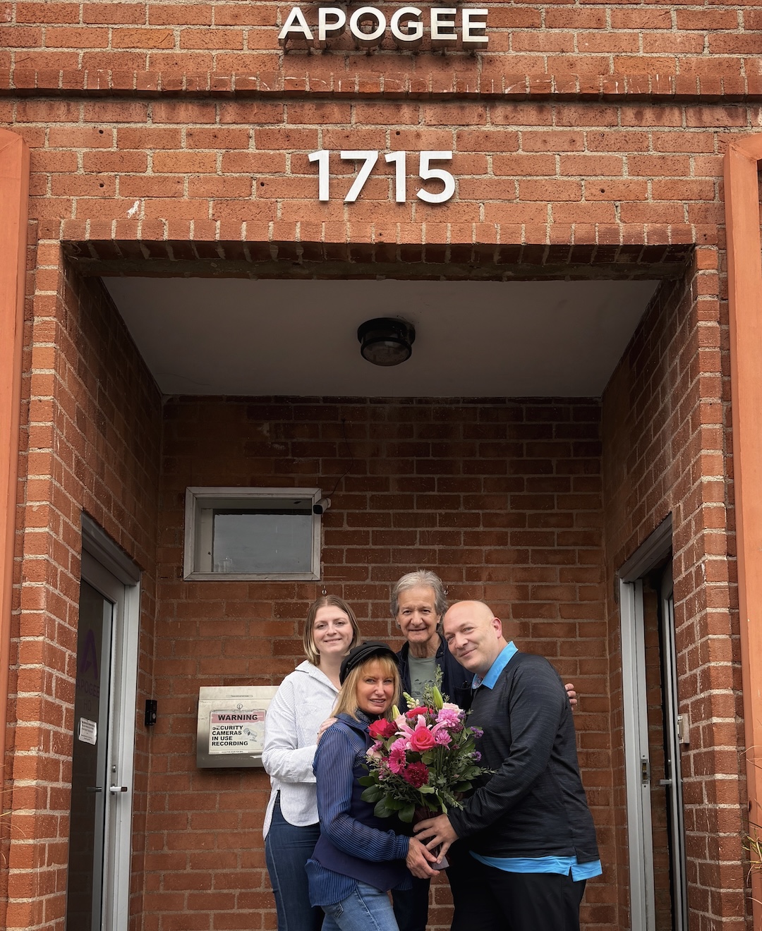 At the headquarters in Santa Monica, from left, Cristina Covblic, Rockforce COO, Betty Bennett, Bob Clearmountain, and Dirk Ulrich mark the sale of Apogee Electronics to Rockforce in November 2025. Photo: Courtesy of Apogee.