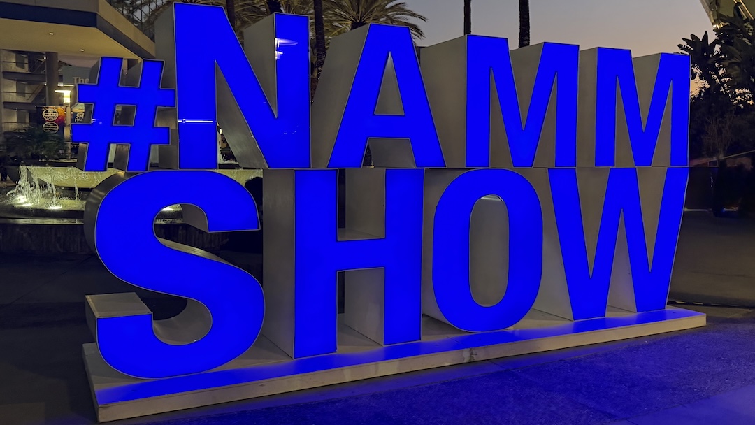NAMM’s trademark glowing blue sign greeted visitors outside the pro-audio halls.