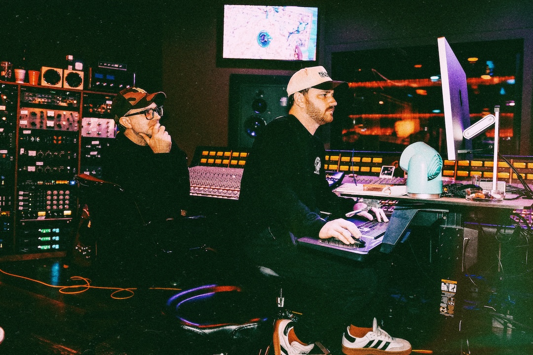 Recording engineer Adrian Bushby and co-producer/mix engineer Taylor Kimball at the SSL 4K in The SoundBank Studios.