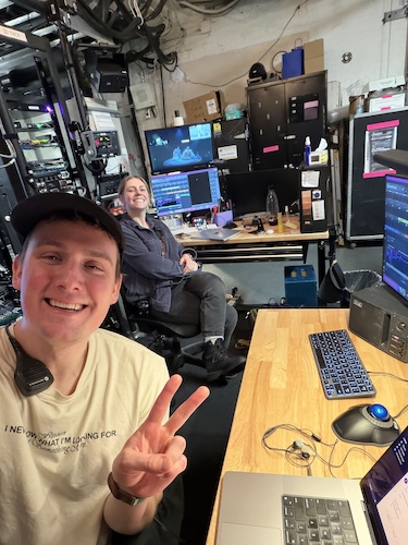 Two Strangers’ audio crew: Curt Miller (Head Sound) in the foreground, with Miriam Milder (Assistant Sound) seen in the background