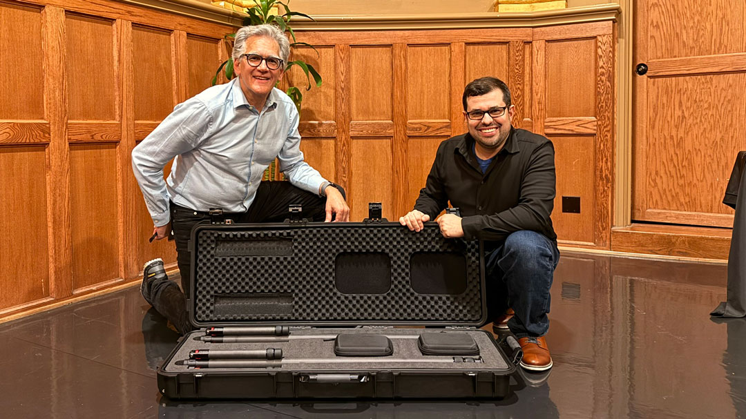 Justin Gray (right) takes delivery of his IDL 7.0.4 Recording Array at The Village Studios in Los Angeles with IDL Founder and CEO Adrian Weidmann.