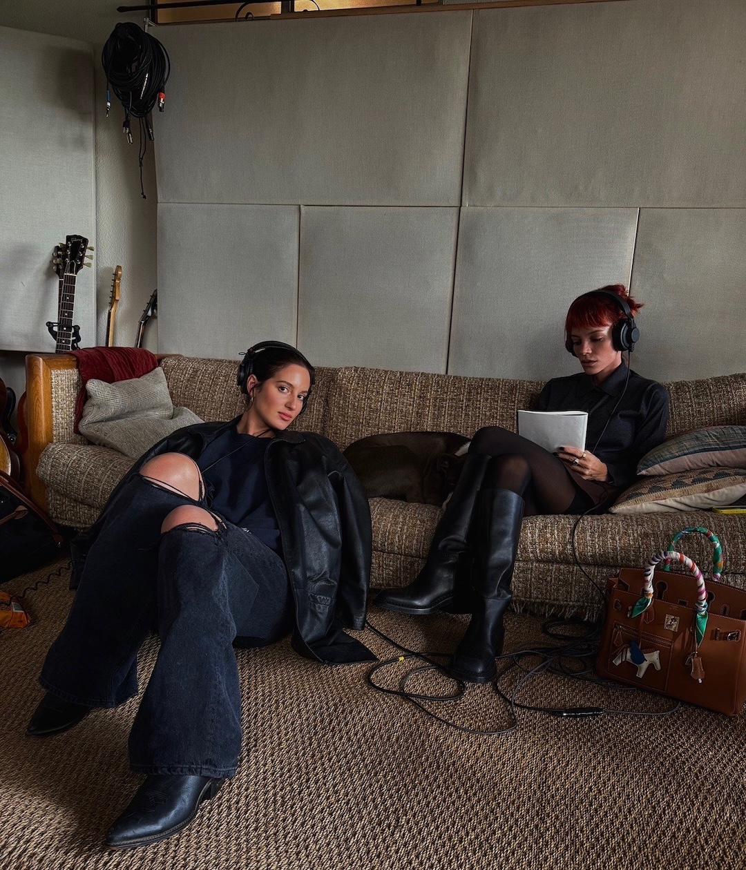 Songwriter Chloe Angelides, seated on the floor, and Lily Allen working on a song during the making of West End Girl. Photo: Courtesy of Blue May.