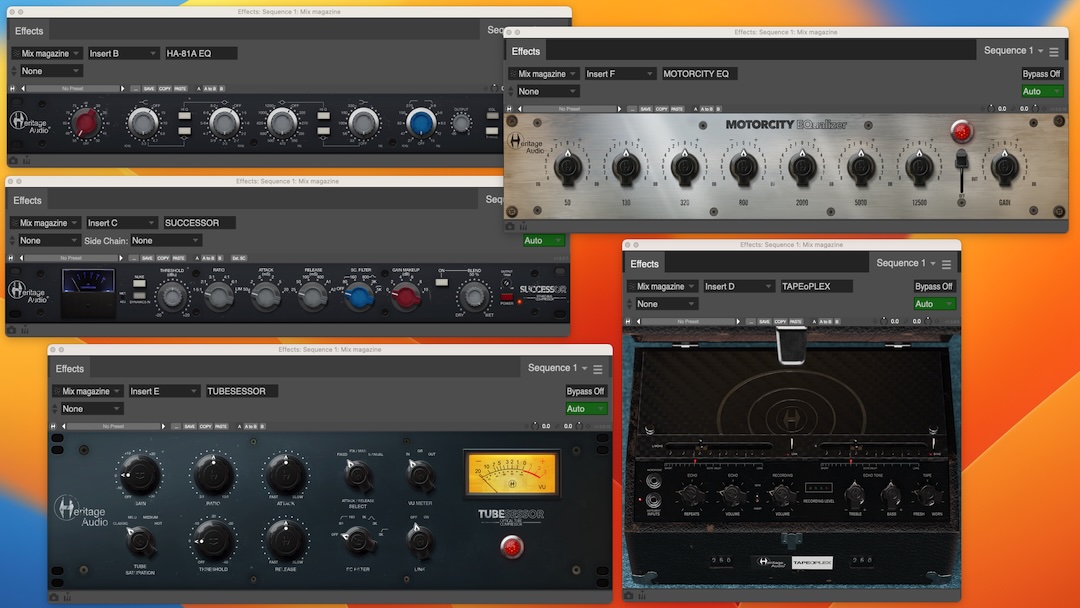 Heritage Audio Motorcity, HA-81A, Tubesessor, Tapeoplex and Successor plug-ins.
