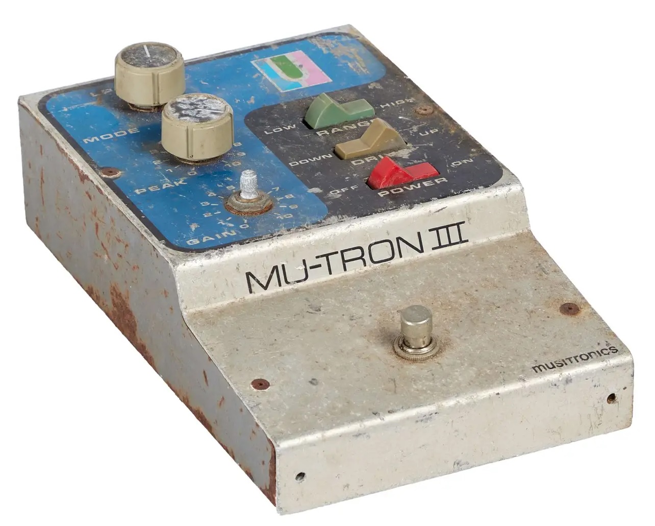 Jerry Garcia's rusty 1970s Musitronics Mu-Tron III filter effect pedal is thoroughly trashed from real-world use. 