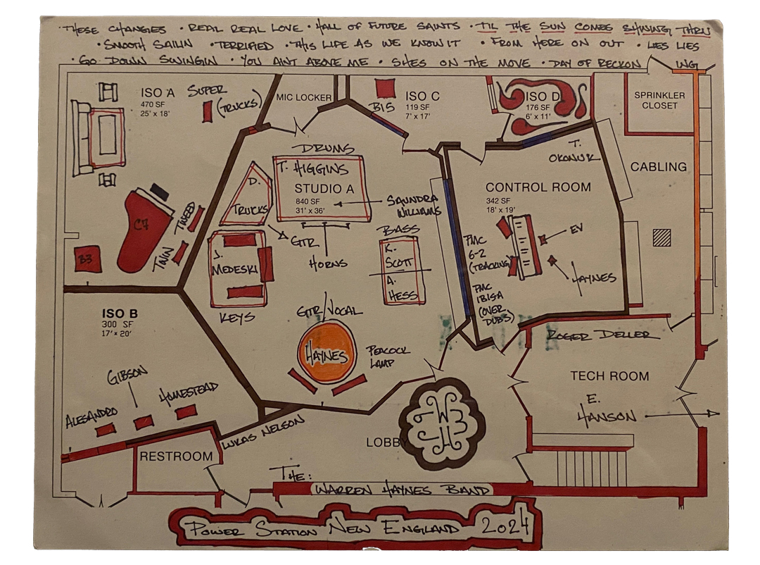 The annotated and illustrated studio setup for the Million Voices Whisper sessions at Power Station New England.