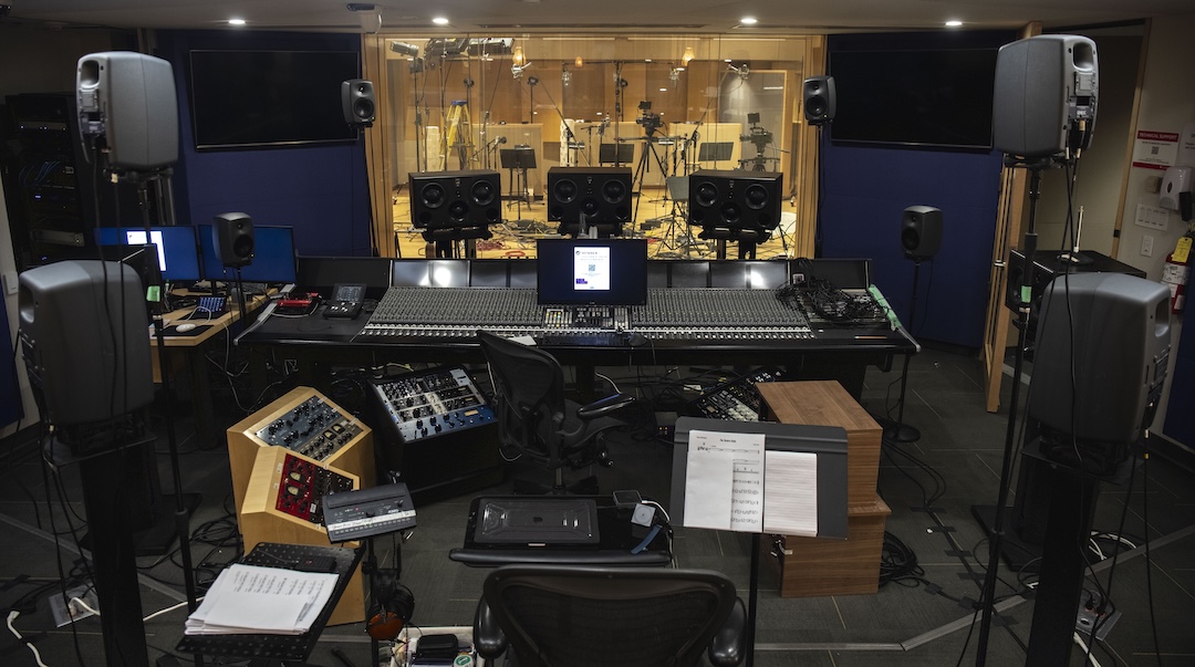 A view from the control room into the studio, where the mic array in the latter is replicated in the former. Photo: Sean O’Neill
