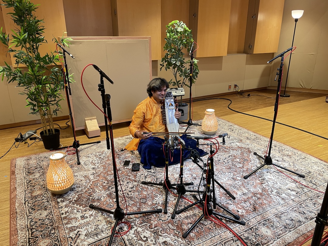 Pankaj Mishra’s sarangi was tracked via various close mics (Schoeps CMCU MK4 + Samar VL37A + ORTF pair of Schoeps CM6U MK21) and a quad overhead array of DPA 4006 omni. Photo: Sean O’Neill