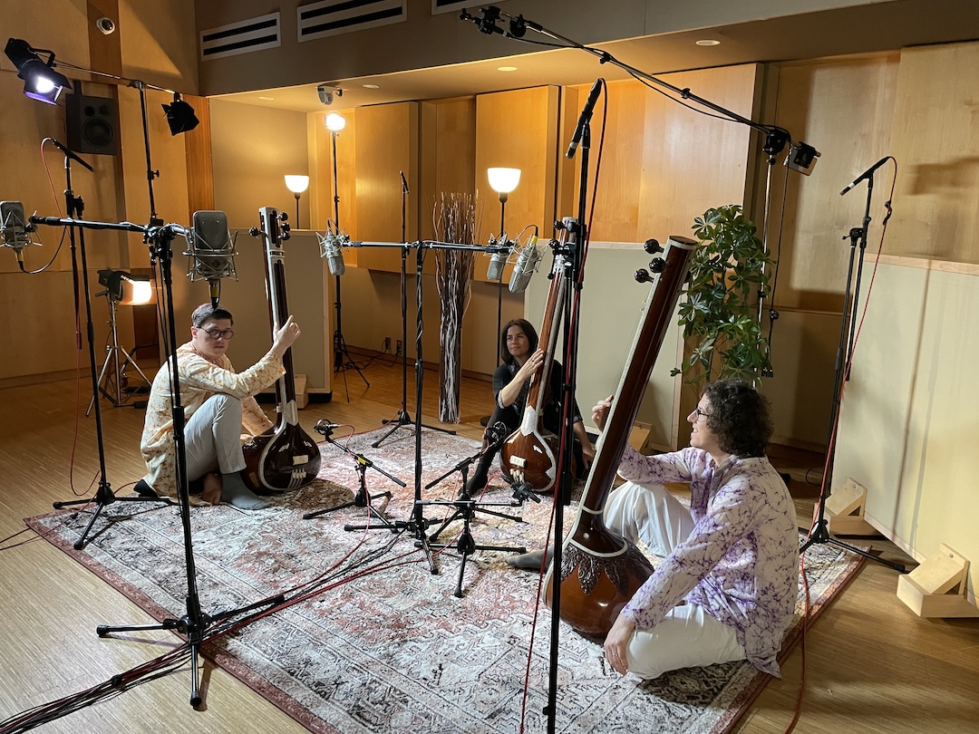 Tanpura players (l-r) Andrew, Shayna and Jonathan Kay were captured with close mics (Schoeps CM6U MK4) and a 9-channel immersive array. Photo: Sean O’Neill