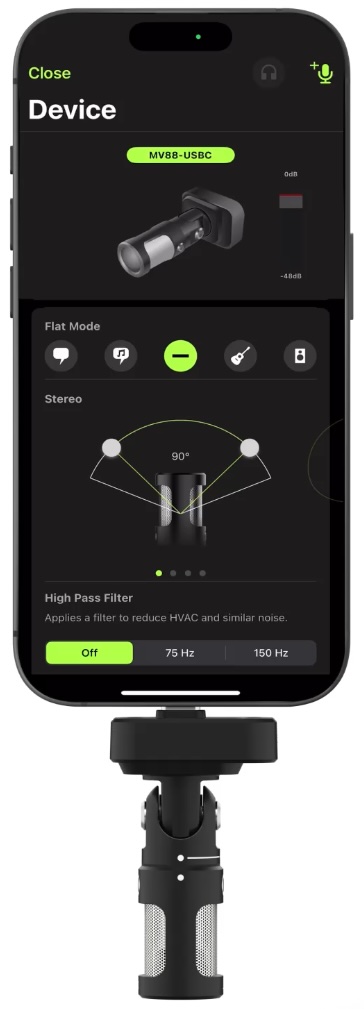 The Shure MV88 USB mic with the Motiv Audio App.