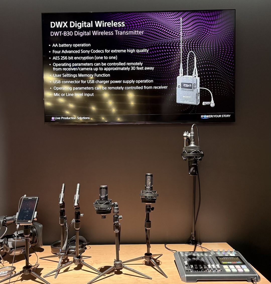 Deep in Sony’s massive booth, the pro audio area has a variety of offerings, ranging from mics to RF transmitters.