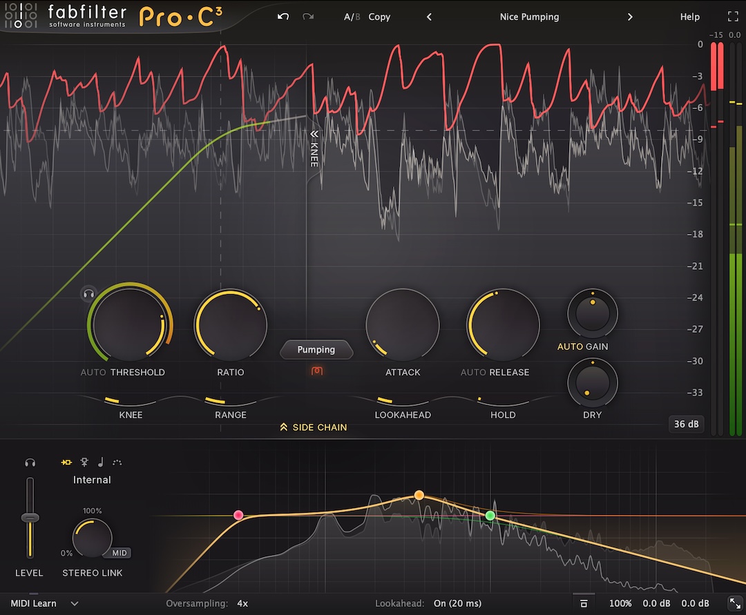 The Side Chain section drops down under the main window and uses a Pro-Q4 equalizer with six bands, plus Brickwall high- and low-pass filters 