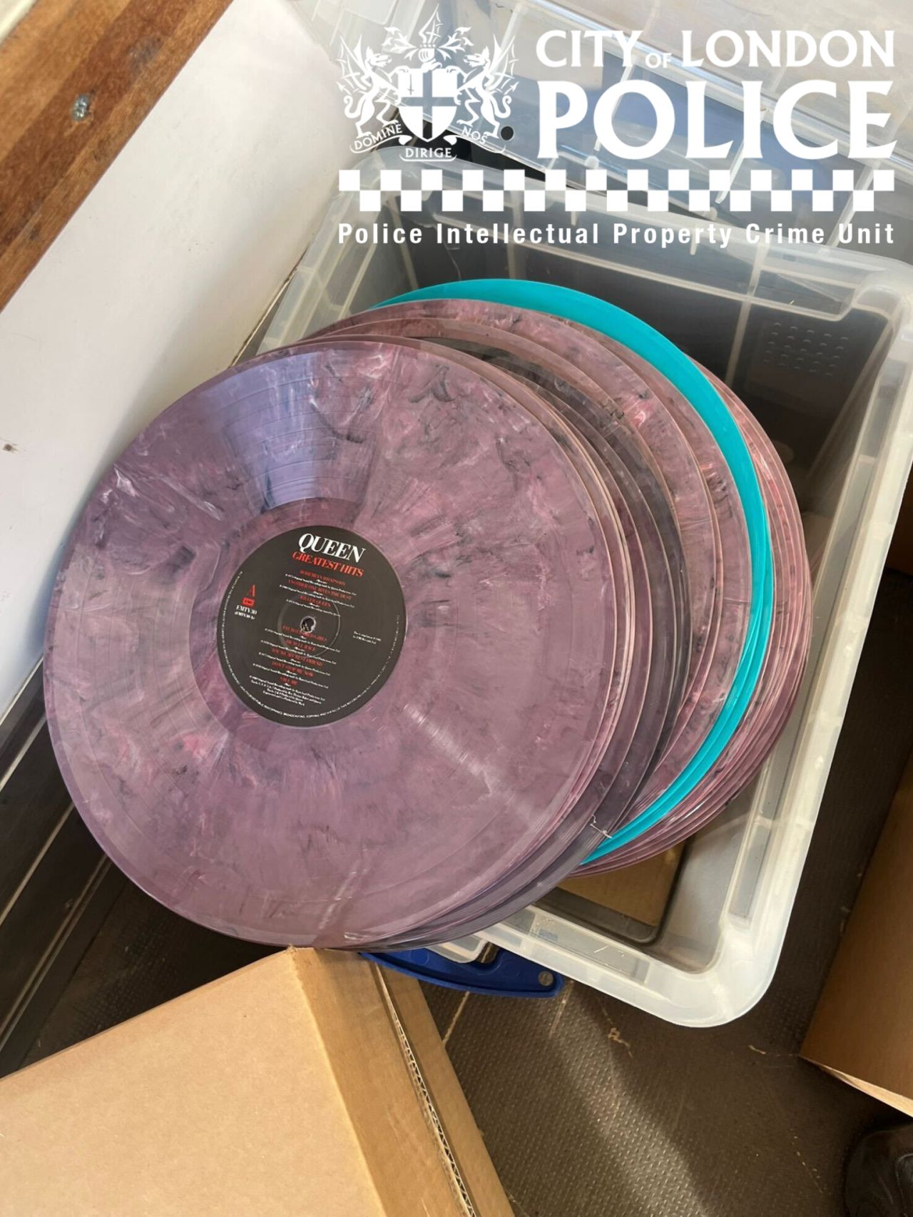 Inventory seized by the PIPCU included what appeared to be counterfeit vinyl copies of Queen's "Greatest Hits" album. Photo: Used with permission of City of London Police. 