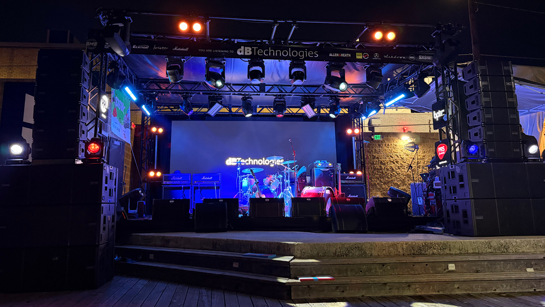 The British Music Embassy's open-air Outdoor Stage, festooned with a dBTechnologies  VIO L1608-based P.A.