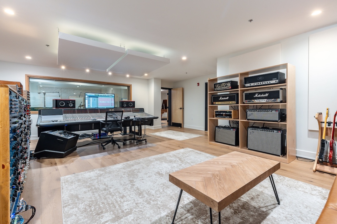 The sizable control room inside Memory Music Studios.