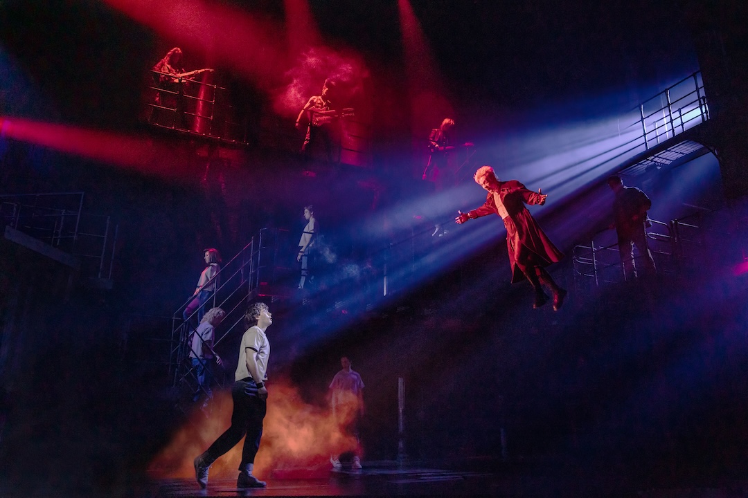 The Lost Boys’ foldback system uses speakers in the deck and above the stage, along with three stories of side fills, to ensure the cast can hear itself while flying. Photo: Matthew Murphy