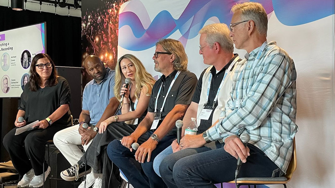 The Keynote Conversation was followed by an expert panel geared toward students and those entering the industry, titled “Breaking In: Launching a Career in the Industry,” featuring, from left: Moderator Karen Dunn; Shannon Saunders, BMI Nashville; Kelly King, East Iris Studios; Rolff Zwiep, Blackbird Studio.