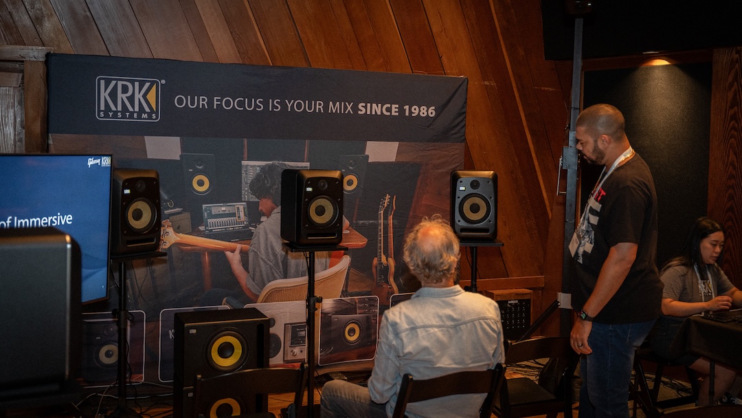 Deston Bennet of KRK takes producer/engineer Ben Fowler through the 7.1.4 monitoring setup, featuring the company’s recently introduced V-Series Five speakers, at Ronnie’s Place (Black River Entertainment). Photo: Future/Kevin Craig