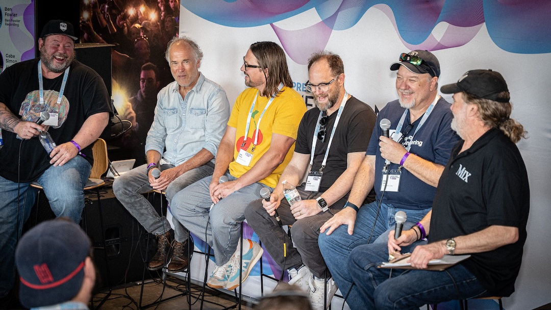 From left: Producer/engineer Jeff Huskins, BMG Studio; producer/engineer Ben Fowler; producer Gabe Simon; mix engineer Alan Litten, Room With a View; and moderator Tom Kenny, Mix. Photo: Future/Kevin CraigPHOTO: Future/Kevin Craig 