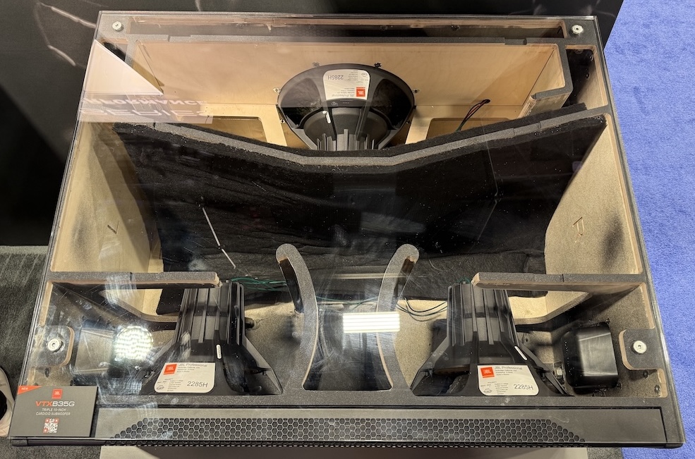 Grabbing attention from all who passed by was JBL’s new VTXB35G Triple 15-inch Cardioid Subwoofer, which was shown with a cutaway to illustrate how it is designed to reduce rearward energy while keeping low-frequency coverage focused on the audience.
