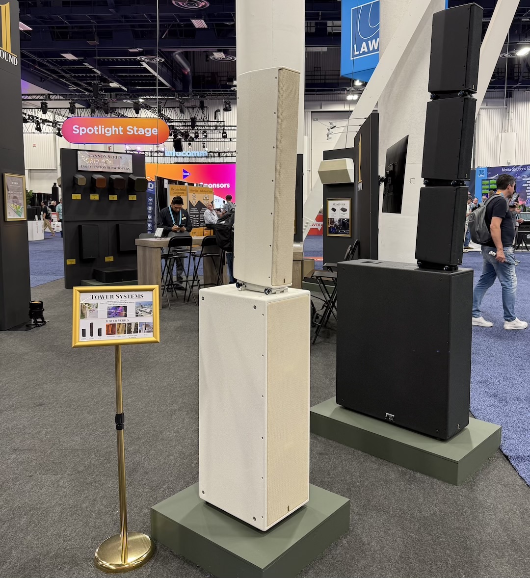 1 Sound launched its Panorama Series and Sona 35 loudspeakers, and announced it now offers wood finishes in its custom shop, but that wasn’t all it had on hand. A number of its Tower Systems—the Tower LCC84 & SUB310 (left) and Tower LCC44 & CSUB610 (right) made the trip to Las Vegas too. Photo: Future.