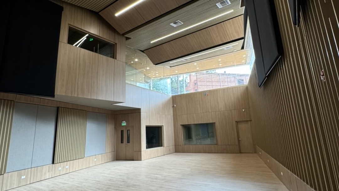 The facility's 1,399 sq ft (130m²), triple-height live room, designed as both a recording space and a flexible venue for recitals, rehearsals and teaching.