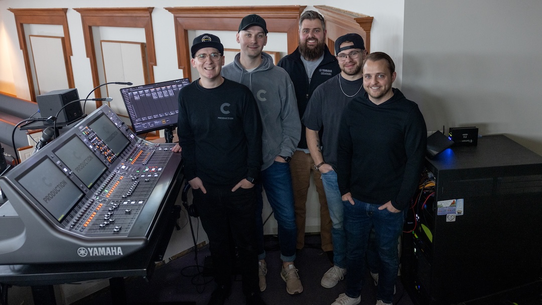Christ Community Church Audio team (from left to right) Ben Cochran, John Merkel, Landin Hull and Nate Will, pictured with Alex Earnhart, Yamaha field sales engineer.
