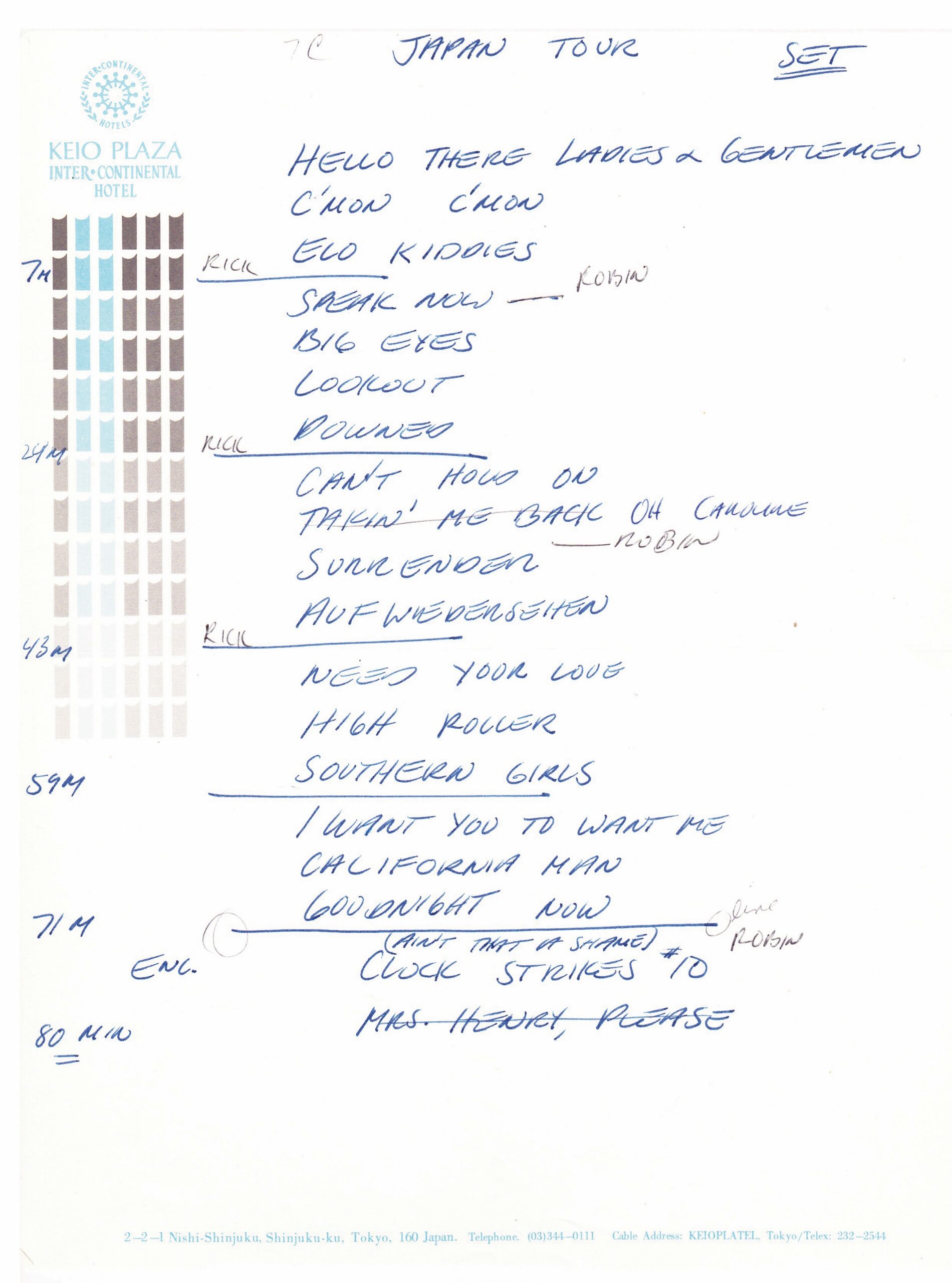 The tour’s set list, as compiled during the band’s Tokyo rehearsal on April 23, 1978. Photo: Courtesy Ken Adamany