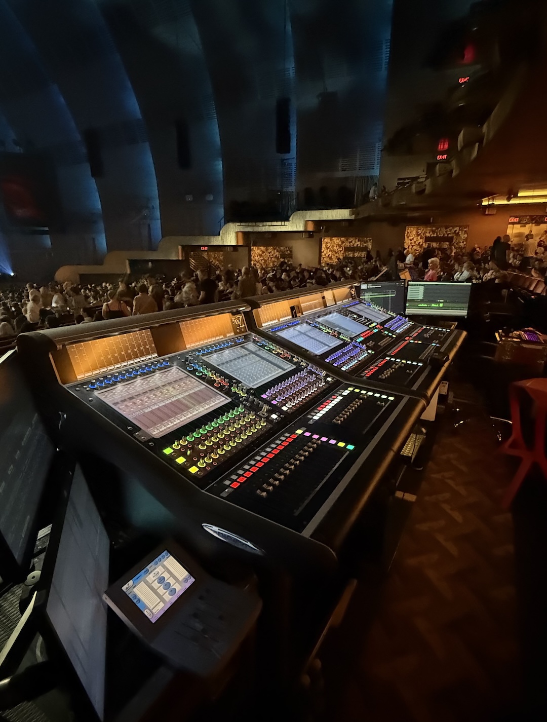 The front of house mix position for Les Misérables: The Arena Concert Spectacular centers around a pair of DiGiCo consoles provided by London-based Autograph Sound. Photo: Clive Young.