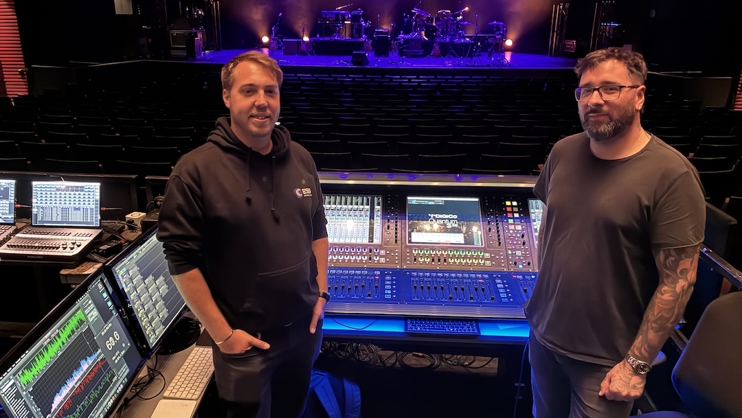 Monitor engineer Connor Firmston (left) and FOH engineer Damian Low at the Harpa house mix position. Photo: Larry Jaffee.