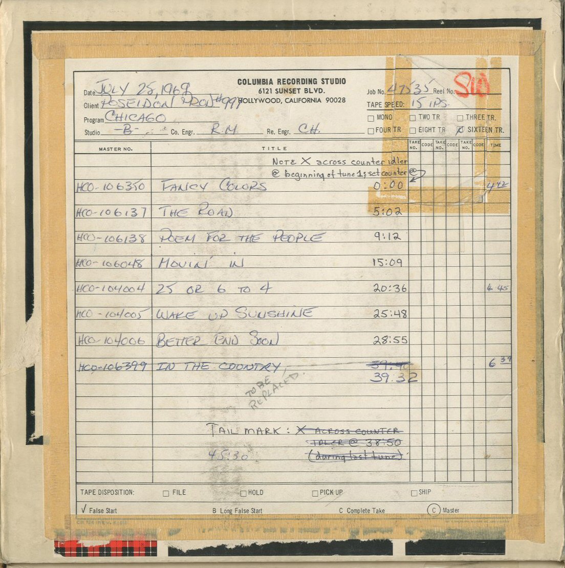 Comp reel of 16-track masters from two weeks of recording, put together by CBS Hollywood recording engineer Brian Ross-Myring (“R.M.”) in Studio B, with the help of tape op Chris Hinshaw (“C.H.”). Note the “HCO-“ prefix on master numbers, the “H” denoting a master created at CBS’s Hollywood studio.