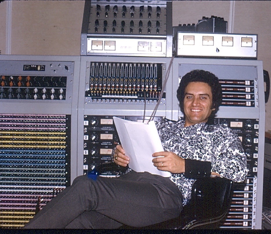 Don Puluse relaxes in front of one of the mammoth Western Electric patch bays and racks of Pultec EQP-1s and Kepex noise gates, in one of the 4th floor mix rooms at CBS New York.