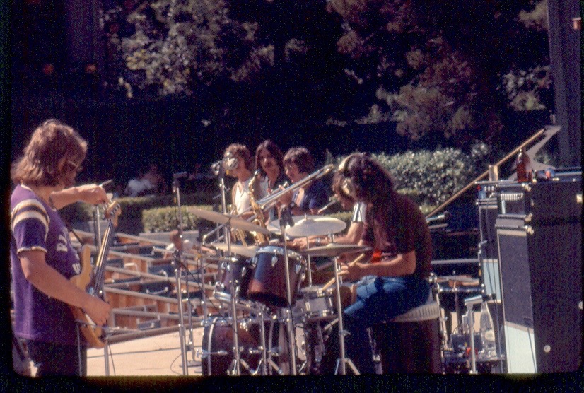 Peter Cetera (L), drummer Danny Seraphine and the horn section during a sound check at The Hollywood Bowl, 1970.